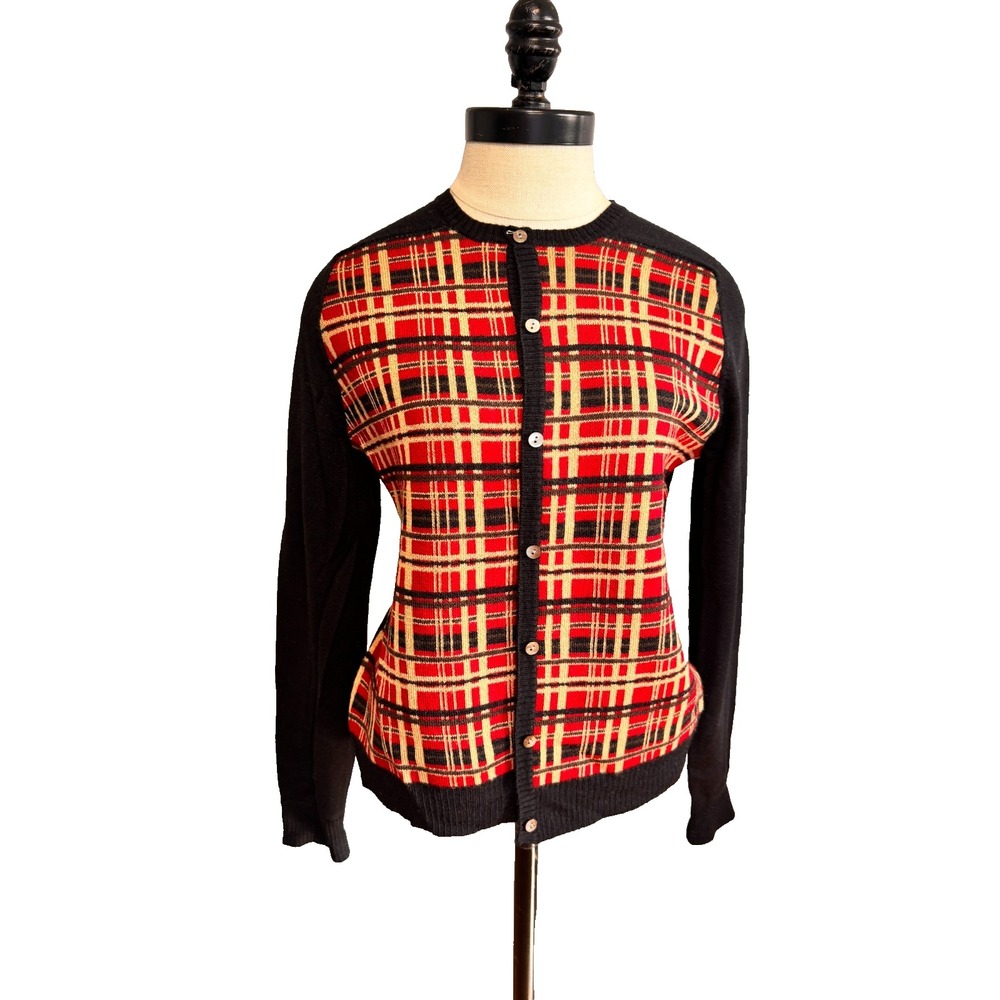 LORD & TAYLOR VTG 100% Merino Wool‎ Women's S Red Black Cardigan Sweater Preppy